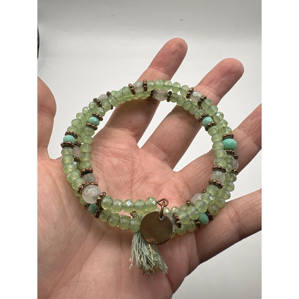 Boho Green Beaded Wrap Bracelet with Tassel and Copper Accents 7.5 Inch Stretch